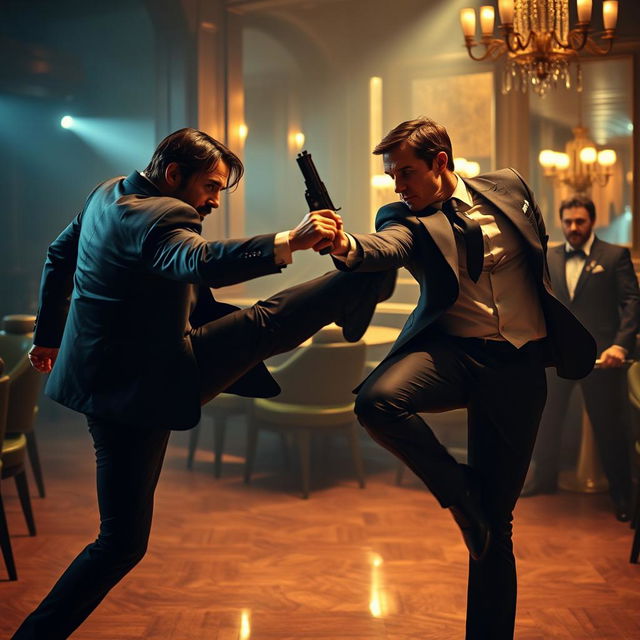 A thrilling and cinematic scene featuring John Wick in a fierce hand-to-hand combat with Tom Cruise, who is portraying a refined and agile James Bond