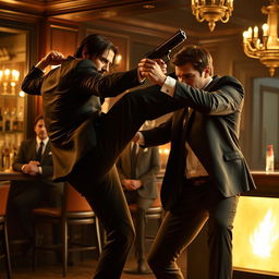 A thrilling and cinematic scene featuring John Wick in a fierce hand-to-hand combat with Tom Cruise, who is portraying a refined and agile James Bond