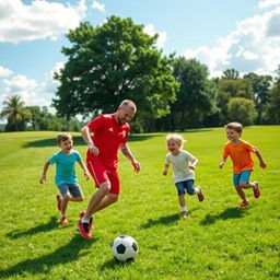 A joyful scene at a grassy park where a man is playing football with three children