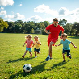 A joyful scene at a grassy park where a man is playing football with three children