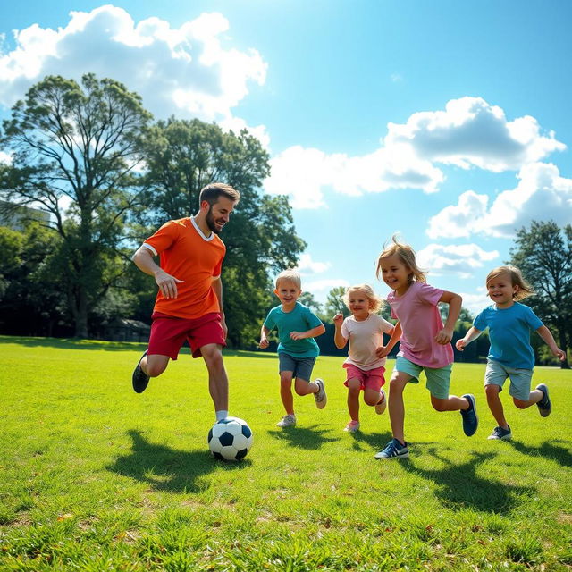 A joyful scene at a grassy park where a man is playing football with three children