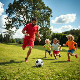A joyful scene at a grassy park where a man is playing football with three children