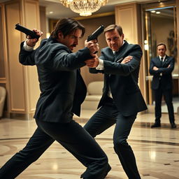 A dynamic action scene featuring John Wick and Tom Cruise in a fierce combat engagement, with John Wick showcasing his martial arts skills, looking intense and focused