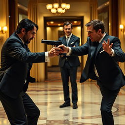 A dynamic action scene featuring John Wick and Tom Cruise in a fierce combat engagement, with John Wick showcasing his martial arts skills, looking intense and focused