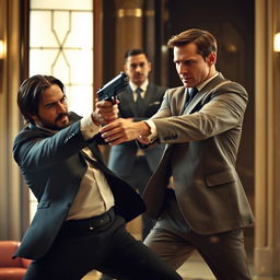 A dynamic action scene featuring John Wick and Tom Cruise in a fierce combat engagement, with John Wick showcasing his martial arts skills, looking intense and focused