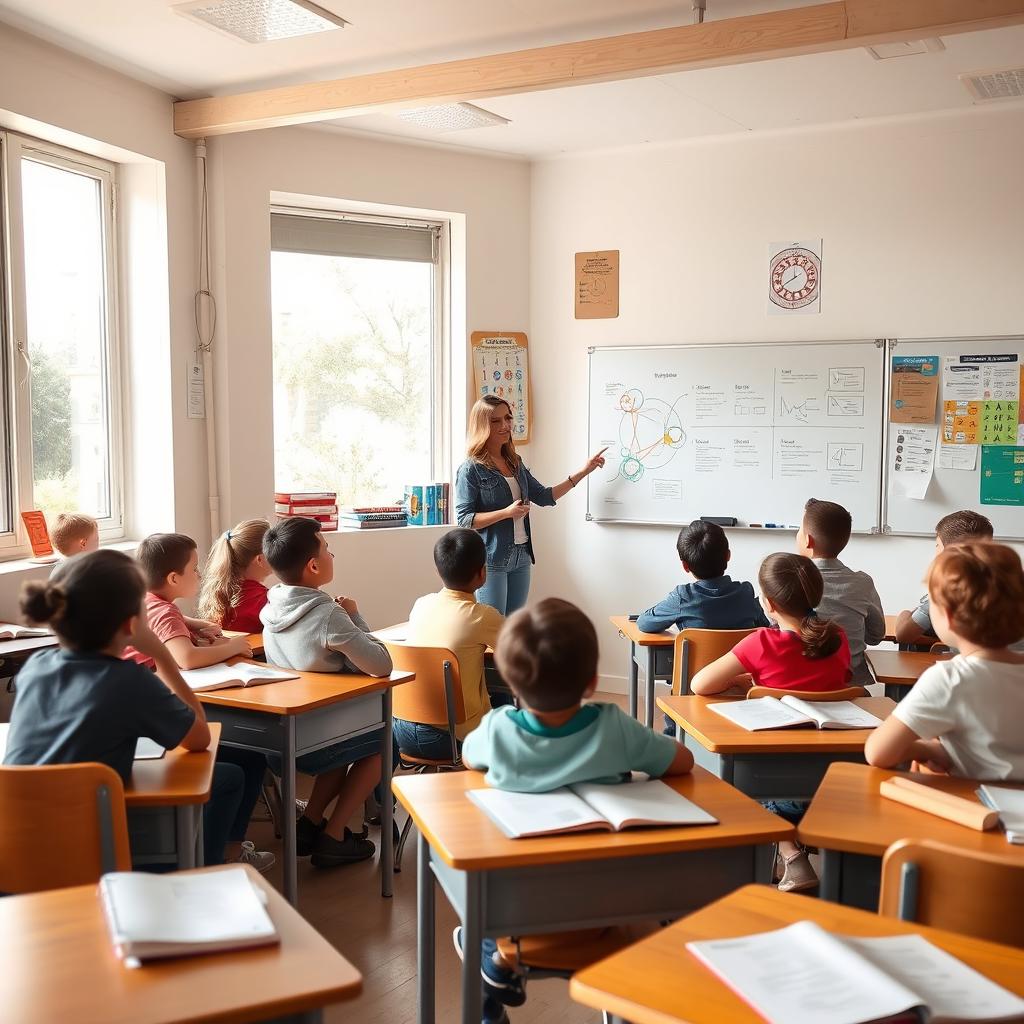 A serene classroom scene featuring a diverse group of students attentively engaged in learning