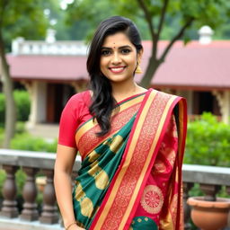 A beautiful 30-year-old Bangladeshi woman wearing a traditional saree that elegantly drapes over her curves