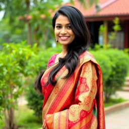 A beautiful 30-year-old Bangladeshi woman wearing a traditional saree that elegantly drapes over her curves