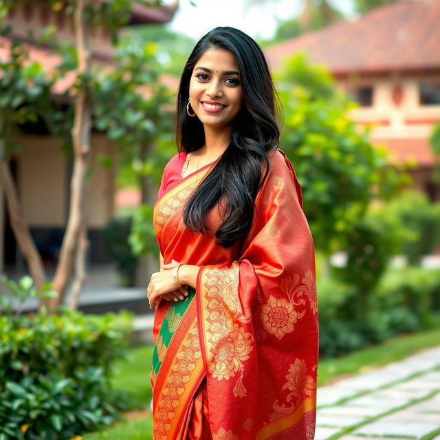 A beautiful 30-year-old Bangladeshi woman wearing a traditional saree that elegantly drapes over her curves