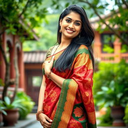 A beautiful 30-year-old Bangladeshi woman wearing a traditional saree that elegantly drapes over her curves