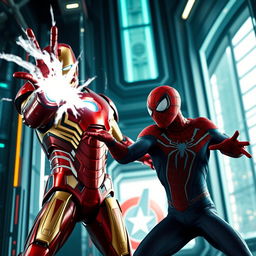 A dramatic and intense scene inside the Avengers building, showcasing Iron Man in his iconic red and gold suit, launching a powerful energy blast towards Spider-Man, who is in a defensive position, demonstrating agility and quick reflexes