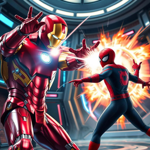 A dramatic and intense scene inside the Avengers building, showcasing Iron Man in his iconic red and gold suit, launching a powerful energy blast towards Spider-Man, who is in a defensive position, demonstrating agility and quick reflexes