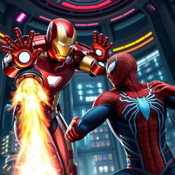 A dramatic and intense scene inside the Avengers building, showcasing Iron Man in his iconic red and gold suit, launching a powerful energy blast towards Spider-Man, who is in a defensive position, demonstrating agility and quick reflexes