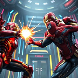 A dramatic and intense scene inside the Avengers building, showcasing Iron Man in his iconic red and gold suit, launching a powerful energy blast towards Spider-Man, who is in a defensive position, demonstrating agility and quick reflexes