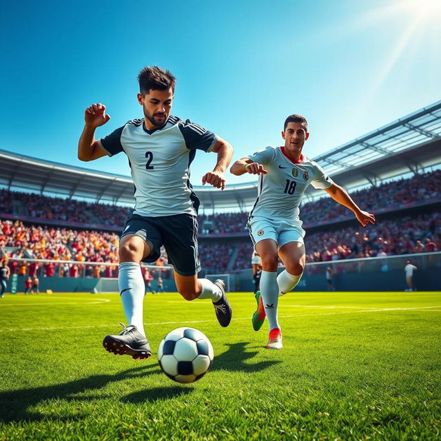 A dynamic scene of a man named Momen playing football with the famous player Ronaldo