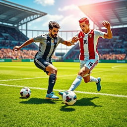 A dynamic scene of a man named Momen playing football with the famous player Ronaldo