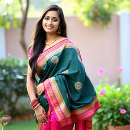 A stunning Bangladeshi woman, 30 years old, poses confidently in a traditional saree, accentuating her curves, with an alluring smile