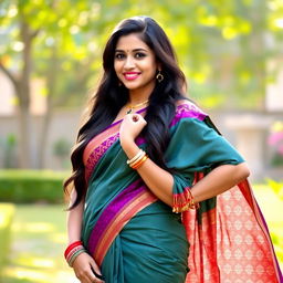 A stunning Bangladeshi woman, 30 years old, poses confidently in a traditional saree, accentuating her curves, with an alluring smile