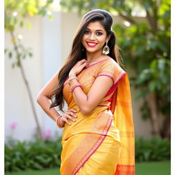 A stunning Bangladeshi woman, 30 years old, poses confidently in a traditional saree, accentuating her curves, with an alluring smile