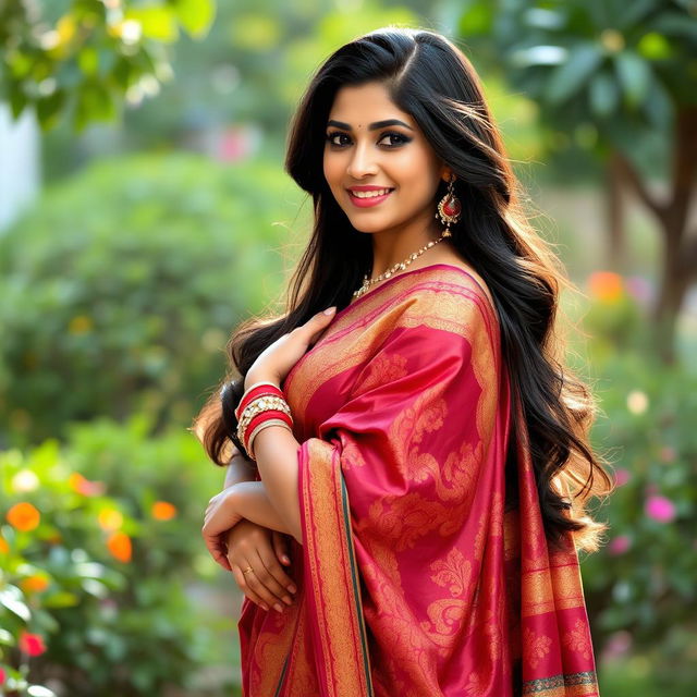 A stunning Bangladeshi woman, 30 years old, poses confidently in a traditional saree, accentuating her curves, with an alluring smile