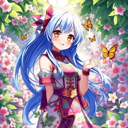 A beautiful anime-style waifu character with flowing blue hair and bright golden eyes, wearing a stylish and colorful outfit adorned with intricate patterns