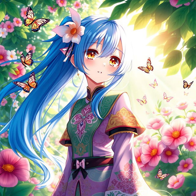 A beautiful anime-style waifu character with flowing blue hair and bright golden eyes, wearing a stylish and colorful outfit adorned with intricate patterns