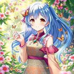 A beautiful anime-style waifu character with flowing blue hair and bright golden eyes, wearing a stylish and colorful outfit adorned with intricate patterns