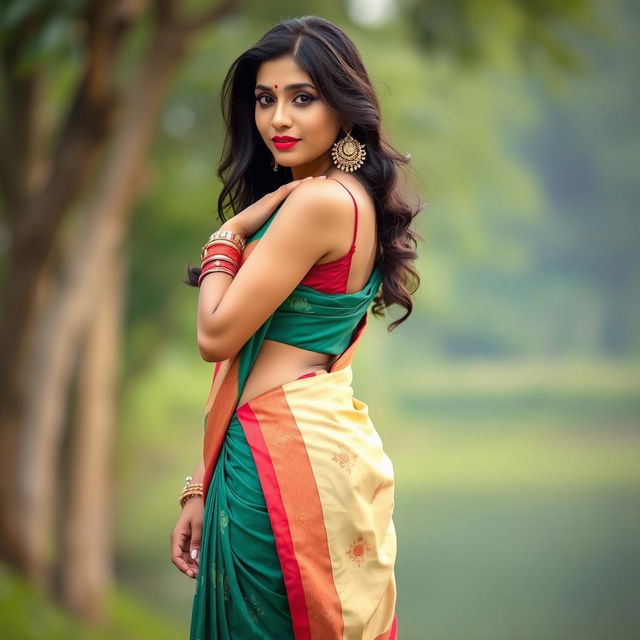 A striking Bangladeshi woman, 30 years old, poses seductively in a beautifully draped saree, which subtly showcases her figure