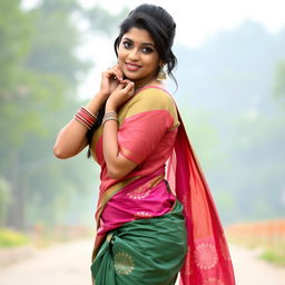 A striking Bangladeshi woman, 30 years old, poses seductively in a beautifully draped saree, which subtly showcases her figure