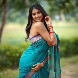 A striking Bangladeshi woman, 30 years old, poses seductively in a beautifully draped saree, which subtly showcases her figure