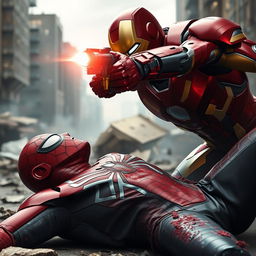 An intense and dramatic scene featuring Iron Man taking aim with his repulsor ray at a tired and battered Spider-Man, who is lying on the ground with his mask torn off, revealing his weary and determined face