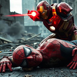 An intense and dramatic scene featuring Iron Man taking aim with his repulsor ray at a tired and battered Spider-Man, who is lying on the ground with his mask torn off, revealing his weary and determined face