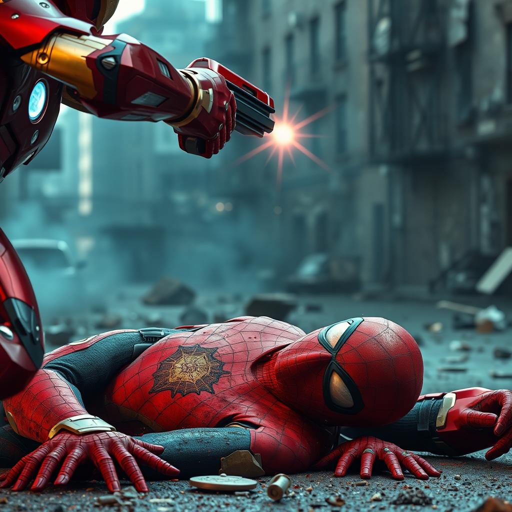 An intense and dramatic scene featuring Iron Man taking aim with his repulsor ray at a tired and battered Spider-Man, who is lying on the ground with his mask torn off, revealing his weary and determined face