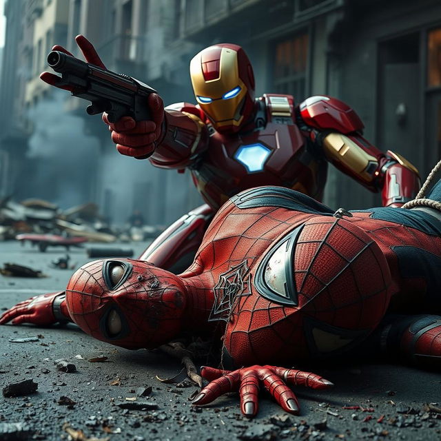 An intense and dramatic scene featuring Iron Man taking aim with his repulsor ray at a tired and battered Spider-Man, who is lying on the ground with his mask torn off, revealing his weary and determined face