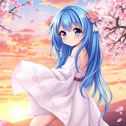A stunning anime-style waifu character, with vibrant blue hair cascading down her back, adorned with intricate floral patterns