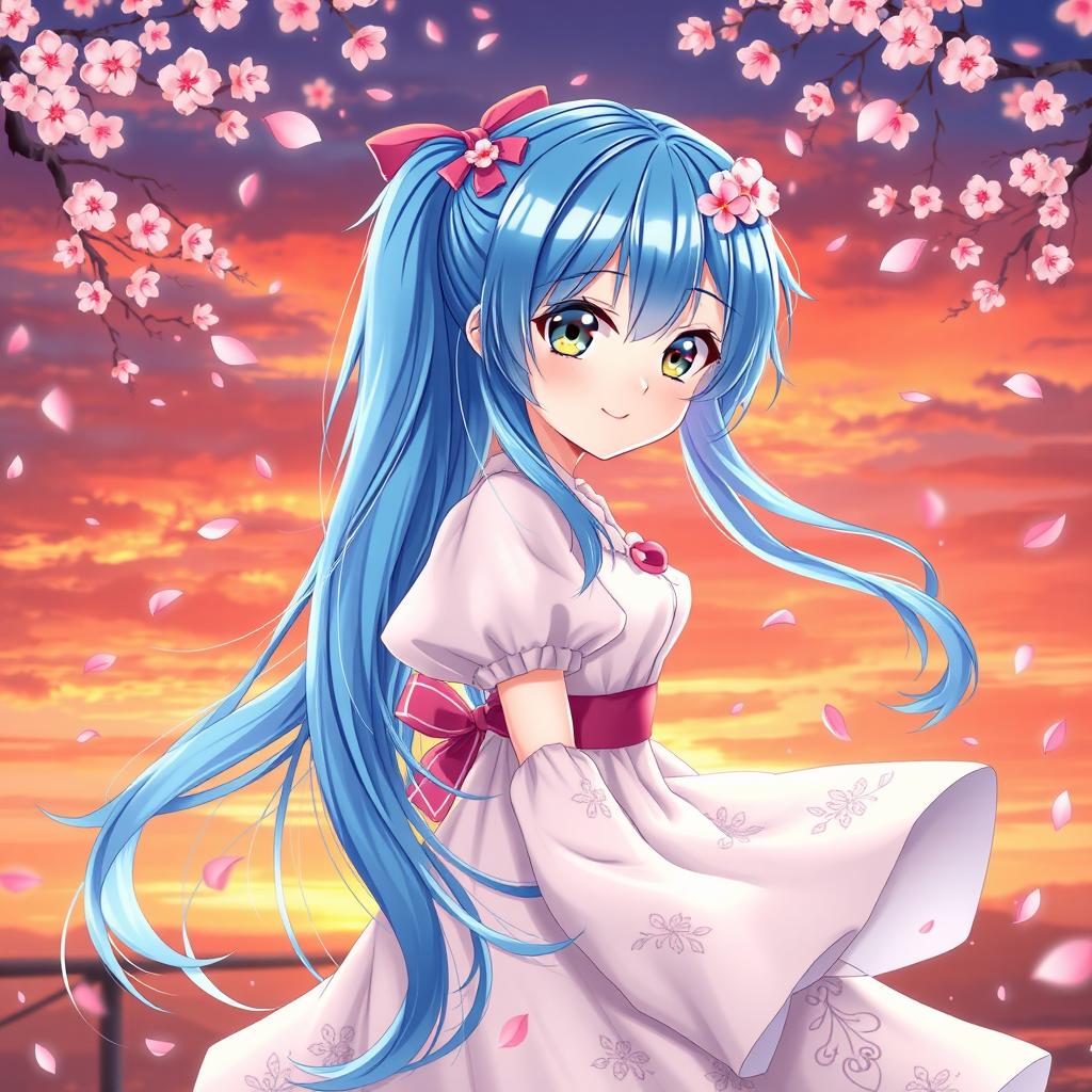 A stunning anime-style waifu character, with vibrant blue hair cascading down her back, adorned with intricate floral patterns