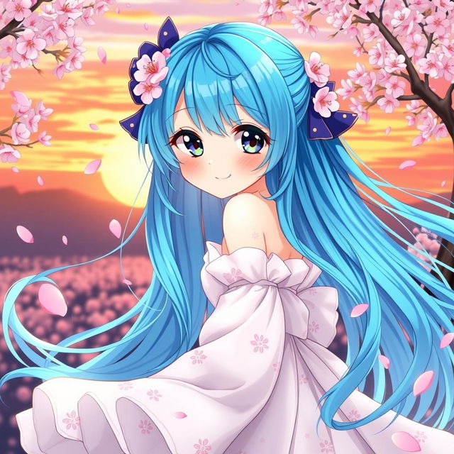 A stunning anime-style waifu character, with vibrant blue hair cascading down her back, adorned with intricate floral patterns