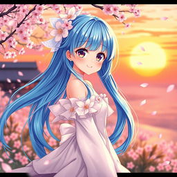 A stunning anime-style waifu character, with vibrant blue hair cascading down her back, adorned with intricate floral patterns