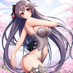A stunning anime-style waifu character with long flowing hair, wearing a revealing yet elegantly designed outfit, striking a seductive pose