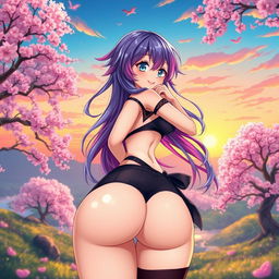 A voluptuous anime-style waifu character with large hips and a prominent backside, wearing a stylish and alluring outfit that emphasizes her figure