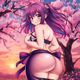 A voluptuous anime-style waifu character with large hips and a prominent backside, wearing a stylish and alluring outfit that emphasizes her figure