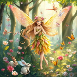A fantasy illustration of a beautiful, ethereal fairy girl with vibrant wings, set in an enchanted forest filled with magical flora and fauna