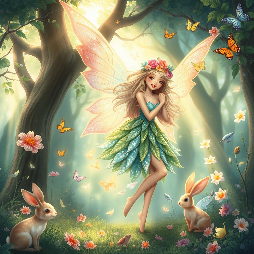 A fantasy illustration of a beautiful, ethereal fairy girl with vibrant wings, set in an enchanted forest filled with magical flora and fauna