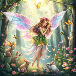 A fantasy illustration of a beautiful, ethereal fairy girl with vibrant wings, set in an enchanted forest filled with magical flora and fauna