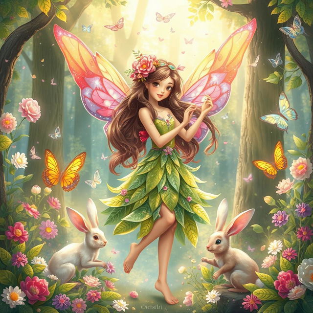 A fantasy illustration of a beautiful, ethereal fairy girl with vibrant wings, set in an enchanted forest filled with magical flora and fauna