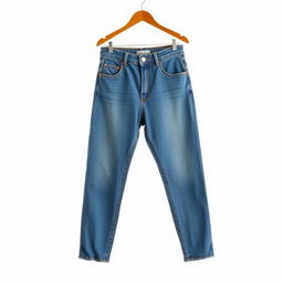 A stylish and fashionable pair of blue denim jeans with a vintage wash, featuring a high waist and a fitted silhouette