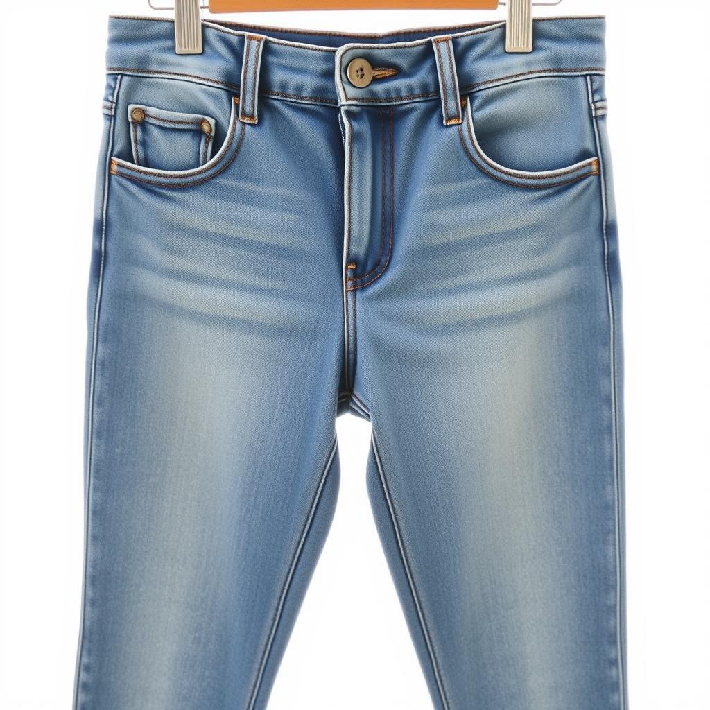 A stylish and fashionable pair of blue denim jeans with a vintage wash, featuring a high waist and a fitted silhouette