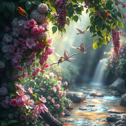A striking and artistic representation of nature, featuring a vibrant and lush garden filled with blooming flowers and hanging vines