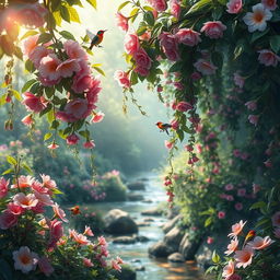 A striking and artistic representation of nature, featuring a vibrant and lush garden filled with blooming flowers and hanging vines