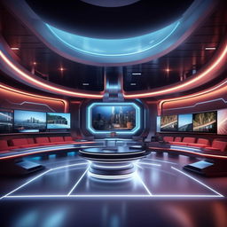 A voice-inspired background for a futuristic TV anchor's studio, integrating design elements from the architecture provided in the given link.